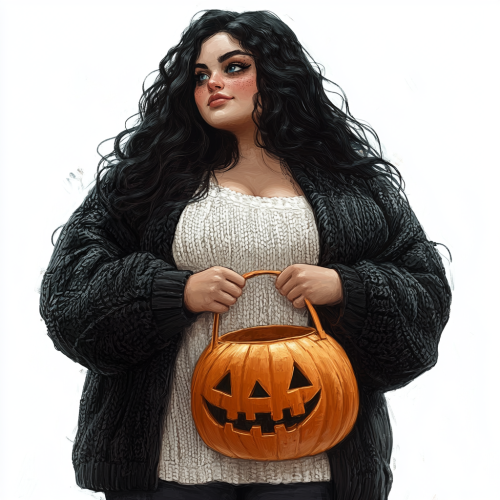 Chubby woman in cozy cardigan holding pumpkin bucket