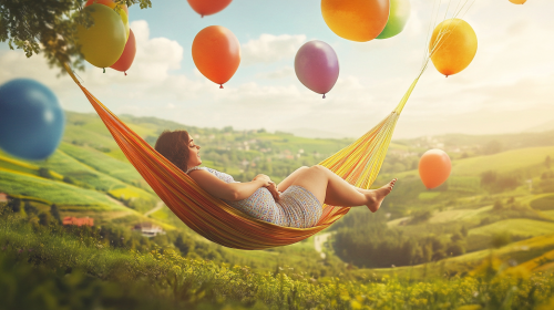 Chubby woman relaxes in hammock held by colorful balloons