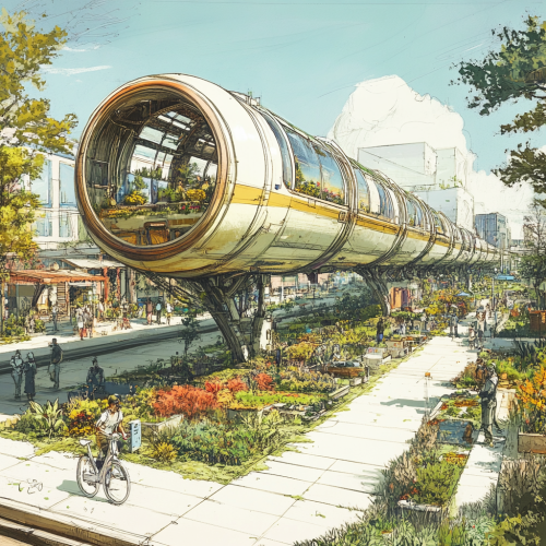 Cincinnati expanded with technology and innovative design in 2050. Solarpunk theme, monorail, community space. Sketch style.
