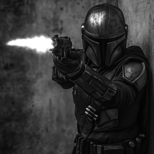 Cinematic Mandalorian with blaster, realistic digital art 