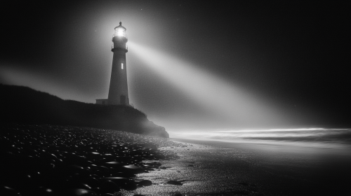 Cinematic black and white lighthouse illuminating ship.