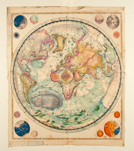 Circular world map with detailed pastel outlines, James Ensor-inspired.