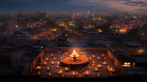 City rooftop with bright Diwali Diya light.