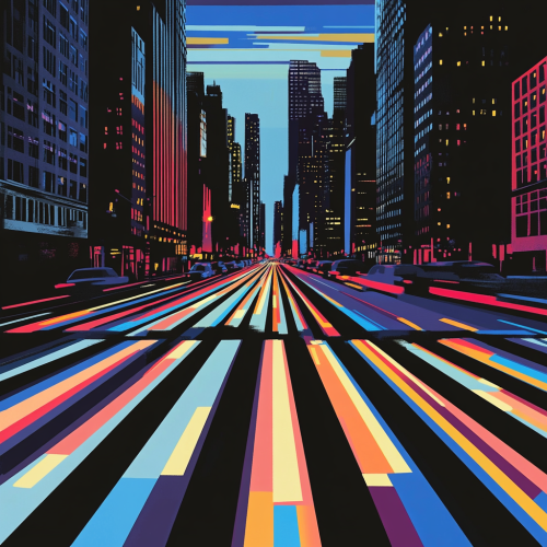 City street with neon lights at dusk