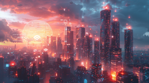 Cityscape of digital elements with neon colors and avatars.