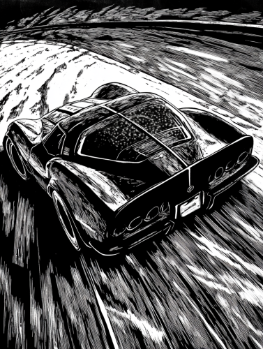 Classic Corvette racing in a detailed woodcut image.