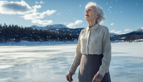 Classy elderly woman in summer fashion, standing on frozen lake