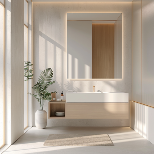 Clean white bathroom with sleek design and natural light