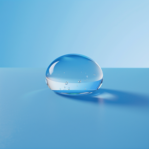 Clear water droplet on blue background with reflections.