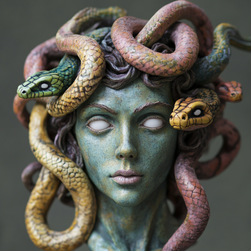 Close-Up Clay Portrait of Colorful Medusa.