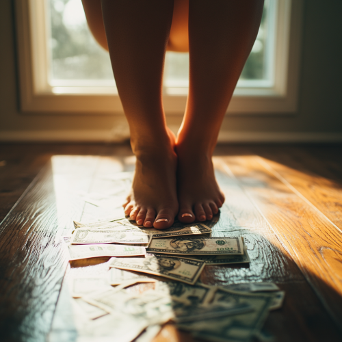 Close-up Woman's Feet Soles with Dollar Bills, Canon EOS-1D X Mark III