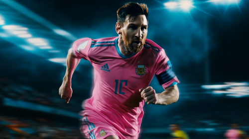 Close-up of Messi running in pink uniform Close-up of Messi running in pink uniform
