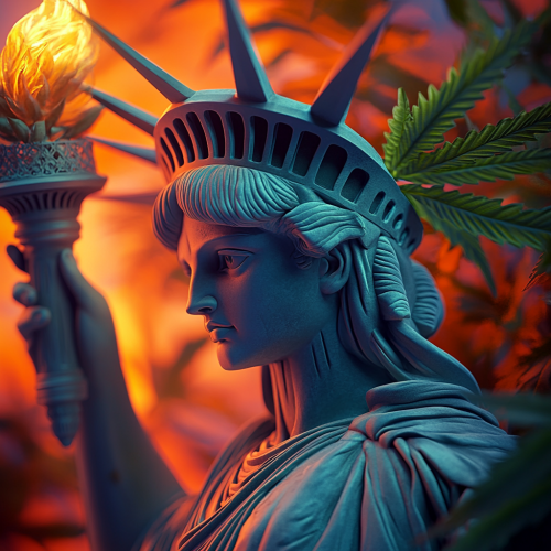 Close-up of Statue of Liberty with cannabis leaves replacing spikes, torch with glowing cannabis leaf. Bright, vibrant sunrise background.