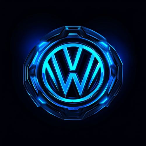 Close up of Volkswagen logo with blue light.