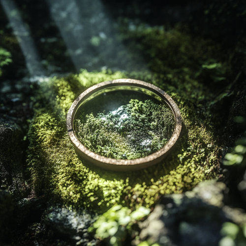 Close up of fantasy ring surrounded by moss and spotlights in studio.