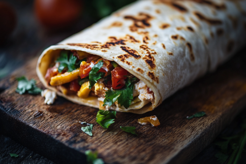 Close-up shot of luxurious tortilla wrap, tempting view.