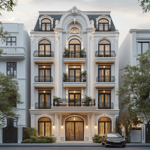 Close-up view of 8-level building with classical design.