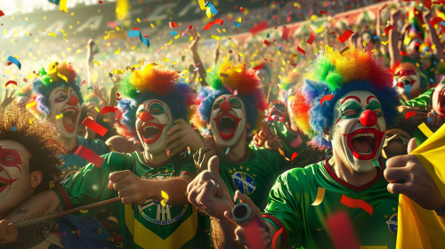 Clowns in Brazilian soccer jerseys cheer wildly in stadium.