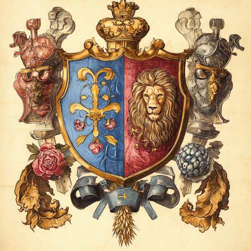 Coat-of-arms divided diagonally, blue rose, red wheat lion.