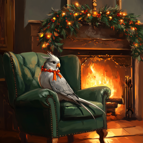 Cockatiel on Festive Chair by Fireplace Drawing Cockatiel on Festive Chair by Fireplace Drawing