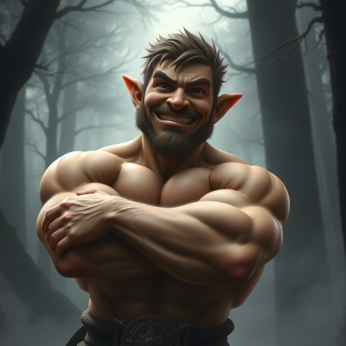 Cocky halfling with crossed arms in mystical forest.