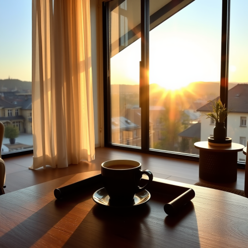 Coffee on Table Overlooking Sunny Distant Town