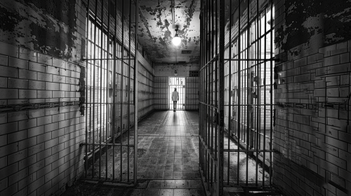 Cold, bleak institutional room with imposing prison gate.