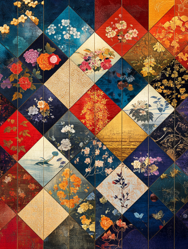 Collage of Japanese textile patterns in diamond format.