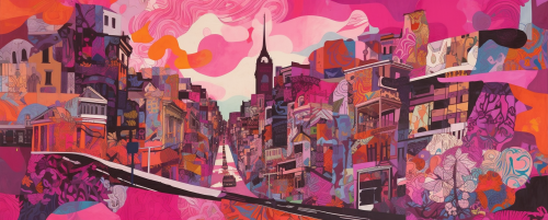 Collage of patterns and textures, urban life symbolism, vibrant colors Collage of patterns and textures, urban life symbolism, vibrant colors