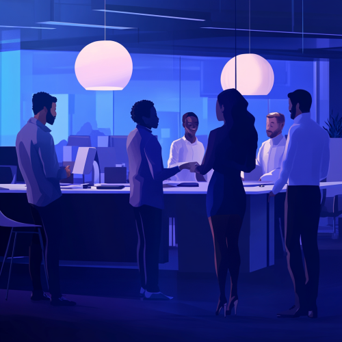 Colleagues in supportive workplace environment with navy blue backdrop