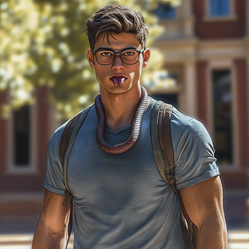 College student superhero with snake tongue, glasses, backpack.