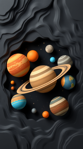 Colorful, Geometric Solar System with Central Saturn