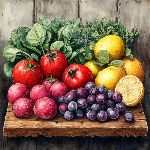 Colorful, illustrated cover for acid-base table with fruits & vegetables on wooden table. Playful, artistic style with vibrant colors.