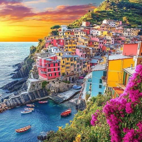 Colorful Cinque Terre villages overlooking Mediterranean Sea.