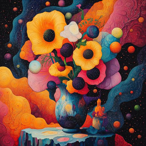 Colorful Cosmic Flowers in Futuristic Vase