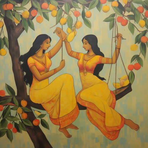 Colorful Indian Girls Swinging on Mango Tree
