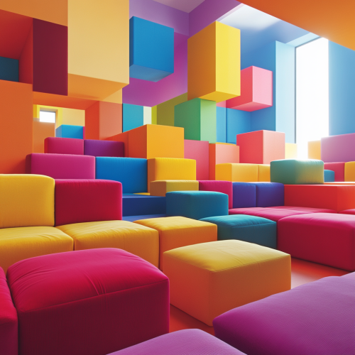 Colorful Lounge with Square Sofas in Playful Layout Colorful Lounge with Square Sofas in Playful Layout