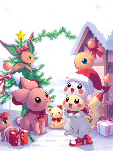 Colorful Pokemon Celebrating Christmas on White Background
