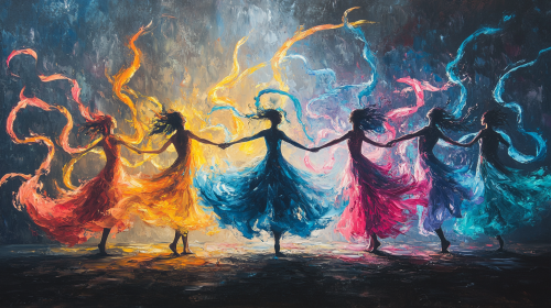 Colorful Ribbon Dancers Symbolize Universe Creation Energy Art