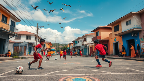 Colorful Street Football in Favela with Kites