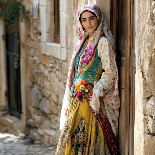 Colorful Turkish clothing with embroidery and headscarf