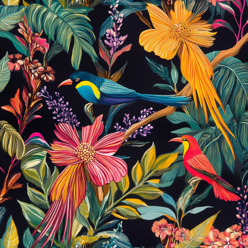 Colorful birds blend into lush flowers and foliage design.