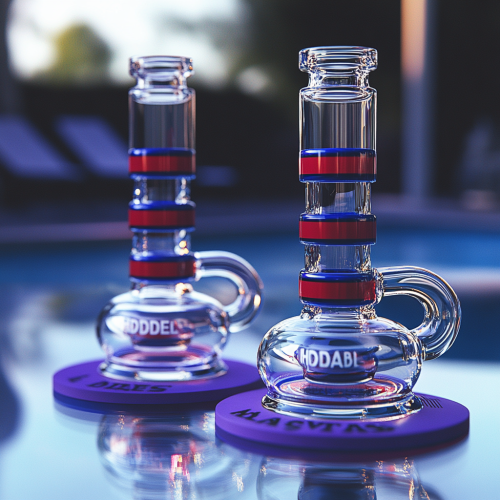 Colorful bongs on purple mat and glass table Colorful bongs on purple mat and glass table