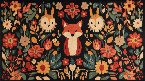 Colorful carpet with playful animals and foliage frame