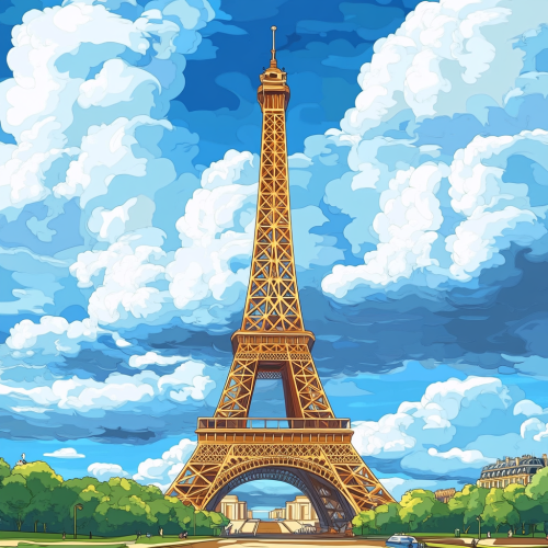 Colorful cartoon Eiffel Tower in Paris with clouds