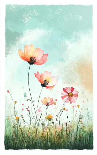 Colorful cartoon style drawing of flowers and grass