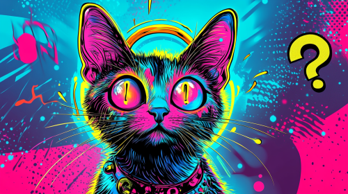Colorful cat Bodhisattva with neon halo in surreal setting