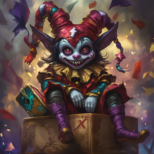 Colorful demon jester on box, dramatic lighting, fantasy game.