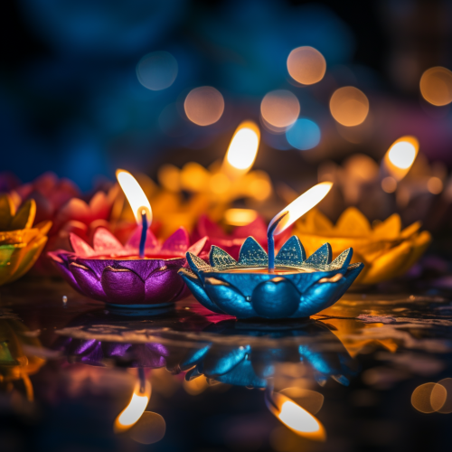 Colorful diya lamps with lotus flowers on table