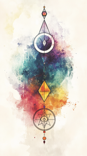 Colorful esoteric symbol in watercolors on flat card format.